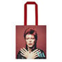 Iconic photograph of David Bowie as Ziggy stardust featured on this organic cotton red tote bag with turquoise inner lining 