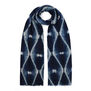 Lightweight wool scarf with wavy pattern in shades of navy and light blue