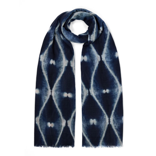 Lightweight wool scarf with wavy pattern in shades of navy and light blue