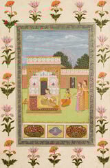 Ladies in a courtyard with a parrot