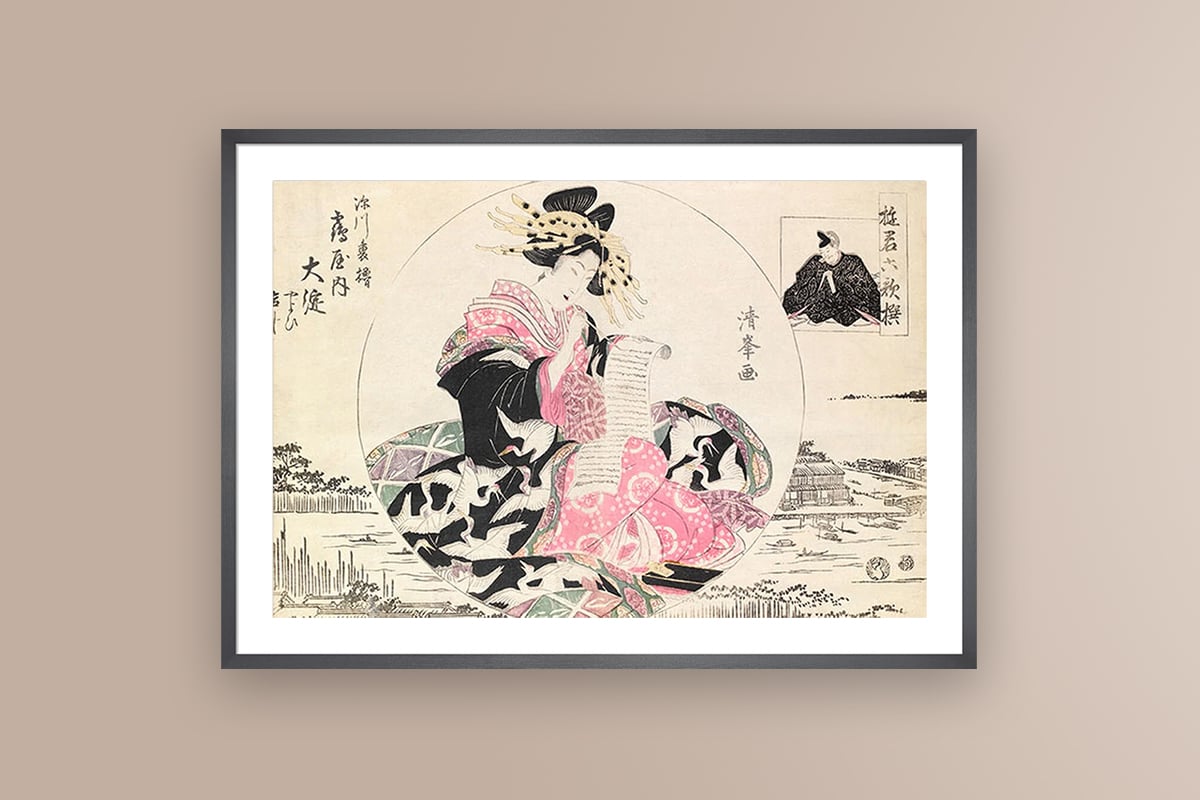 A vintage japanese woodcut print of a seated courtesan adorened in a pink and black gowl
